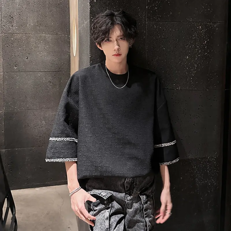 IEFB New Fashion Men's Tees Round Neck Contrast Color Solid Color Jacquard Casual Menswear Loose Short Sleeve Male Tops 9W3845