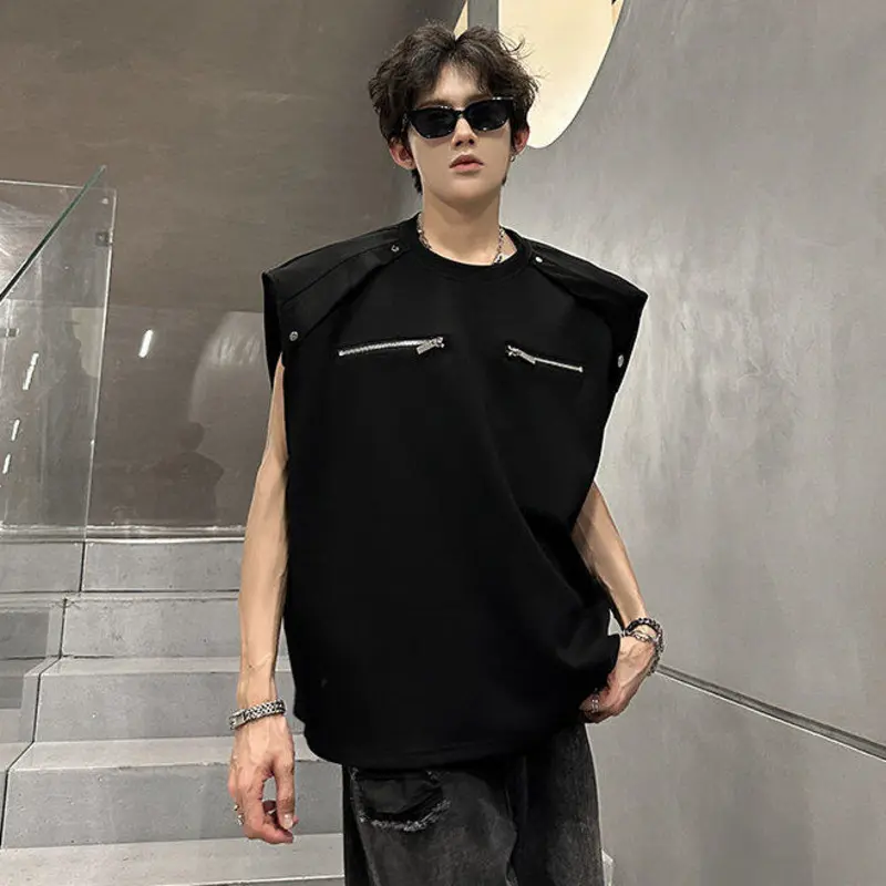 IEFB Korean Style Men's Tank Tops Round Collar Sleeveless Zipper Patchwork Solid Color Shoulder Padded Loose Male Vests 9W3723