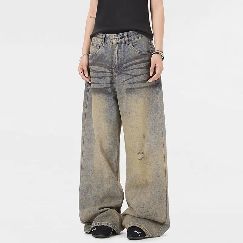IEFB Vintage Yellow Mud Jeans Men Clothing Loose Straight Cat Whisker Distressed Wide Leg Denim Pants Women Fashion Trend 9W3729