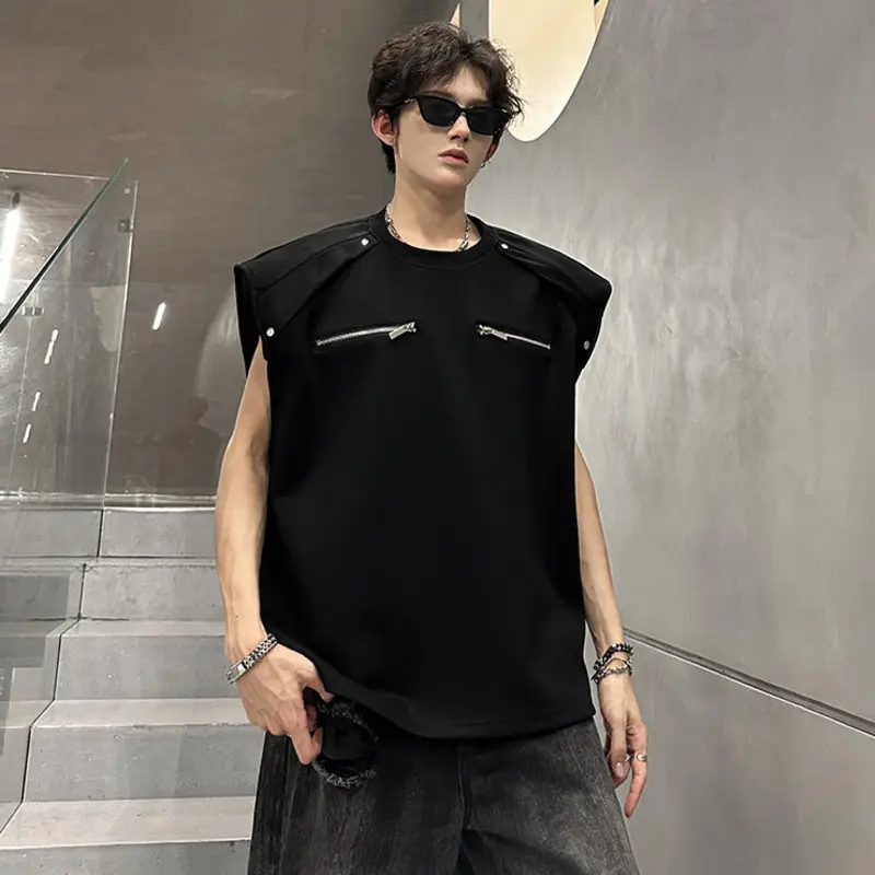 IEFB Korean Style Men's Tank Tops Round Collar Sleeveless Zipper Patchwork Solid Color Shoulder Padded Loose Male Vests 9W3723