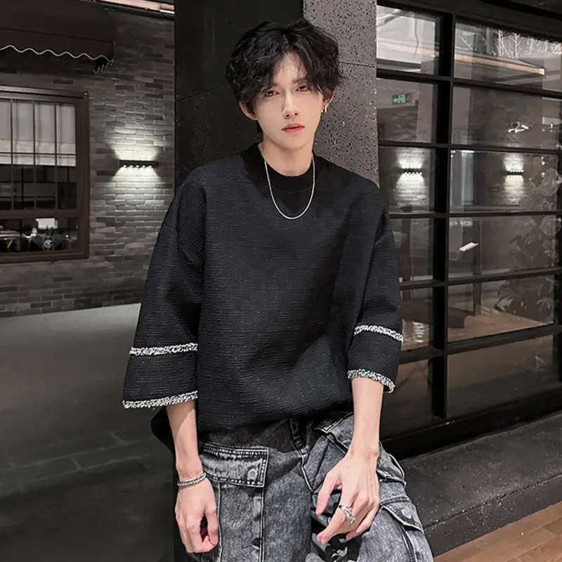 IEFB New Fashion Men's Tees Round Neck Contrast Color Solid Color Jacquard Casual Menswear Loose Short Sleeve Male Tops 9W3845