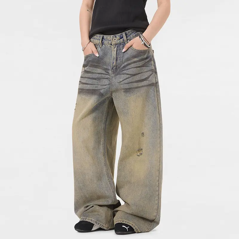 IEFB Vintage Yellow Mud Jeans Men Clothing Loose Straight Cat Whisker Distressed Wide Leg Denim Pants Women Fashion Trend 9W3729