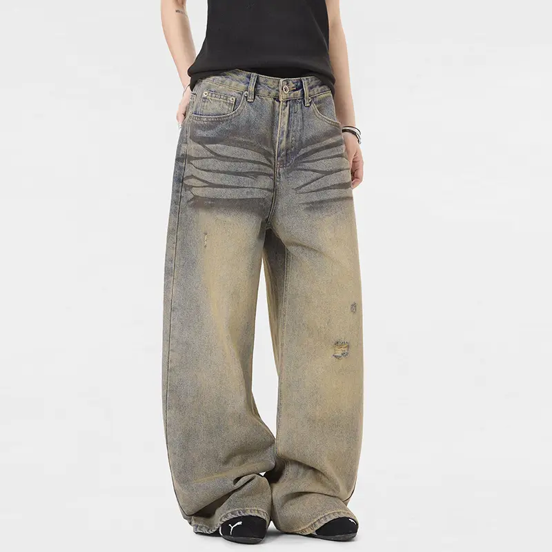 IEFB Vintage Yellow Mud Jeans Men Clothing Loose Straight Cat Whisker Distressed Wide Leg Denim Pants Women Fashion Trend 9W3729