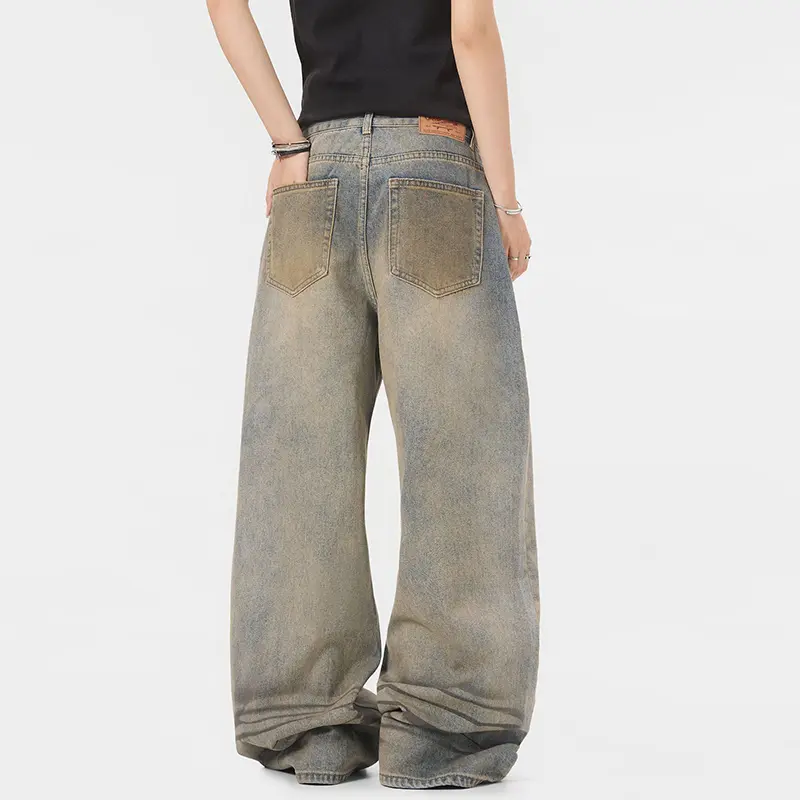 IEFB Vintage Yellow Mud Jeans Men Clothing Loose Straight Cat Whisker Distressed Wide Leg Denim Pants Women Fashion Trend 9W3729