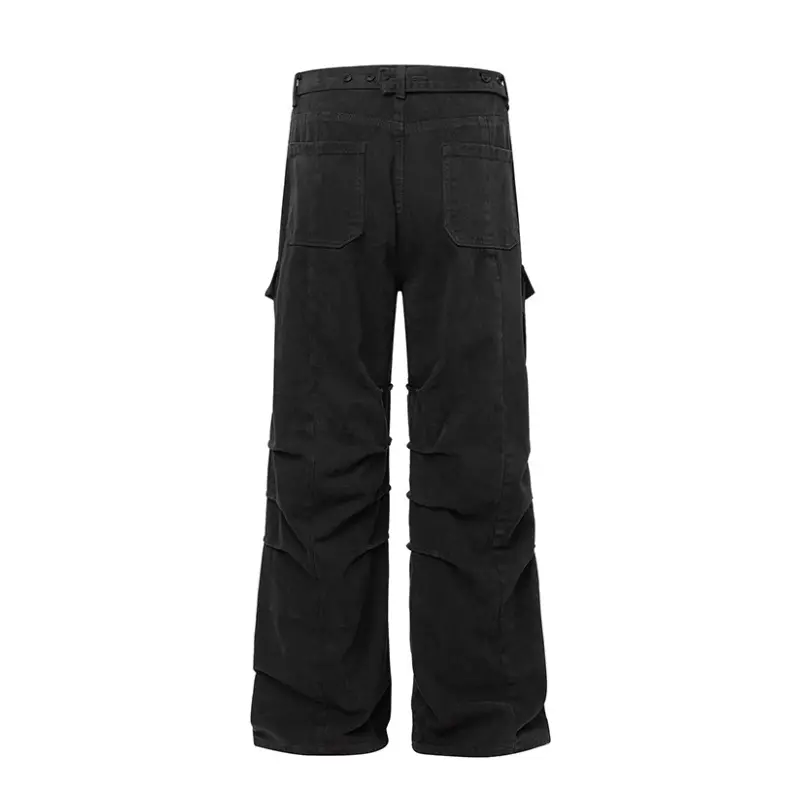 IEFB American Style Men's Cargo Jeans Solid Color Multi-Pocket Pleated Design Button Straight Leg Loose Male Denim Pants 9W3359