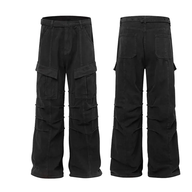 IEFB American Style Men's Cargo Jeans Solid Color Multi-Pocket Pleated Design Button Straight Leg Loose Male Denim Pants 9W3359