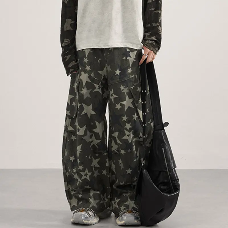 IEFB Niche Design Men's Casual Trousers Camouflage Star Printing Contrast Color Silhouette Side Pocket Male Cargo Pants 9W4168
