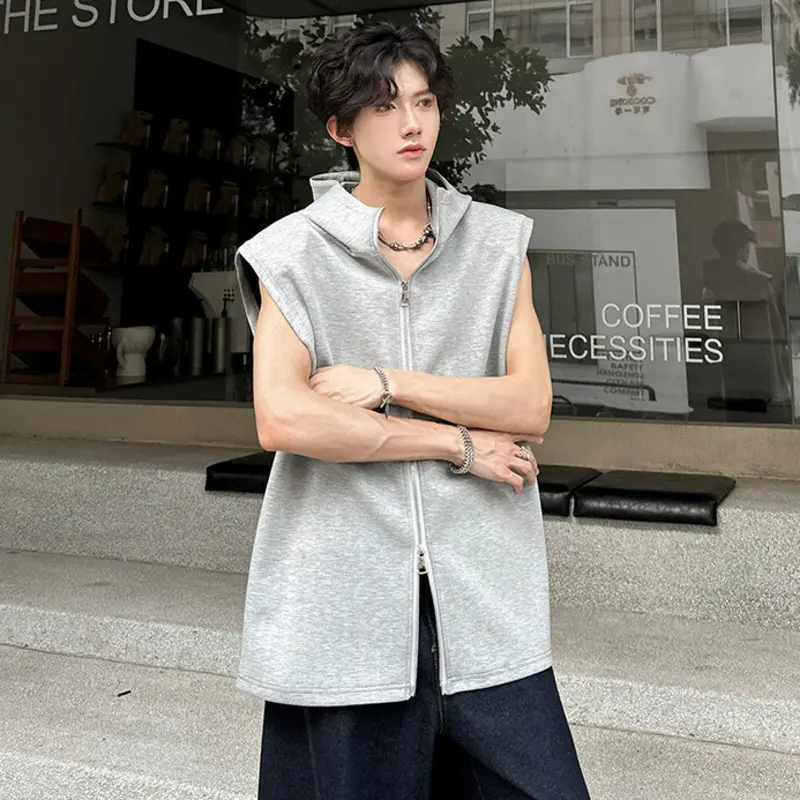 IEFB New Fashion Men's Tees Hooded Zipper Design Solid Color Casual Clothing Sleevless Shoulder Pads Loose Male Tank Tops 9W3717