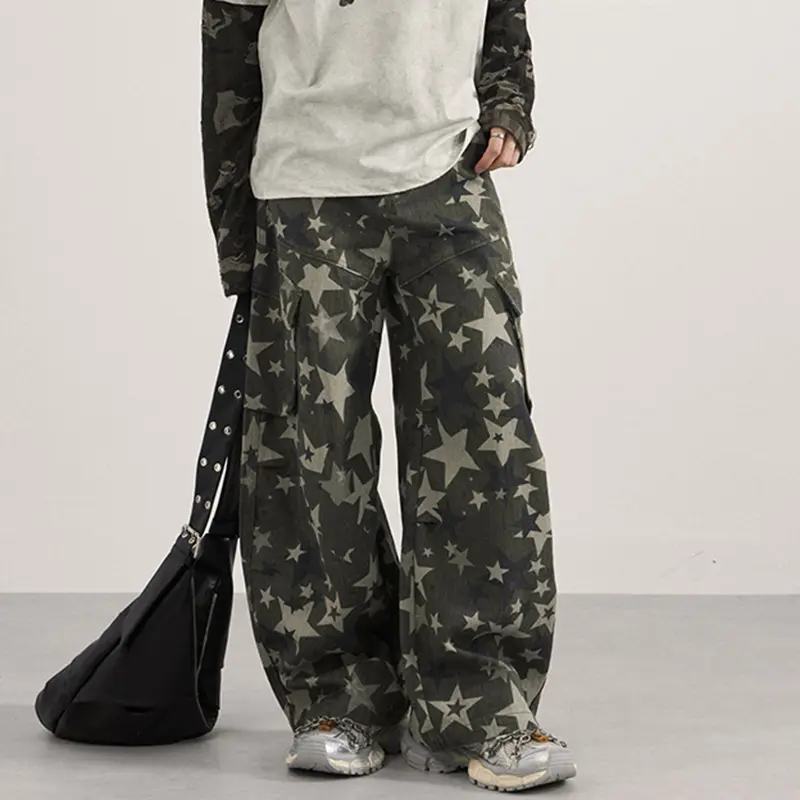 IEFB Niche Design Men's Casual Trousers Camouflage Star Printing Contrast Color Silhouette Side Pocket Male Cargo Pants 9W4168