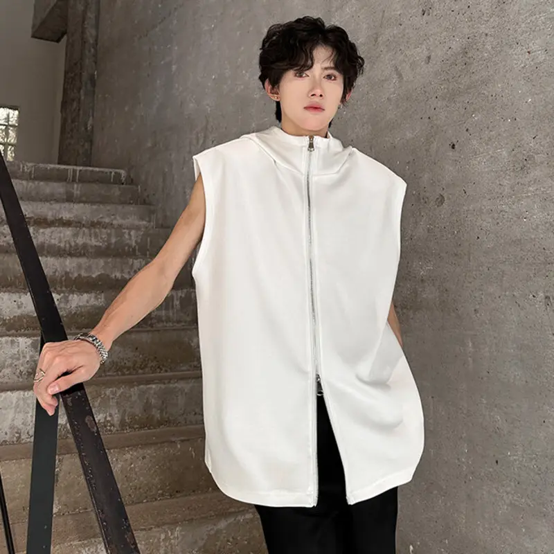 IEFB New Fashion Men's Tees Hooded Zipper Design Solid Color Casual Clothing Sleevless Shoulder Pads Loose Male Tank Tops 9W3717