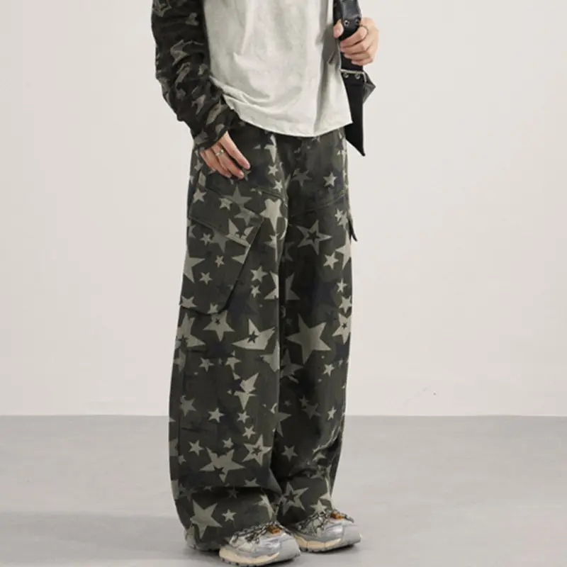 IEFB Niche Design Men's Casual Trousers Camouflage Star Printing Contrast Color Silhouette Side Pocket Male Cargo Pants 9W4168