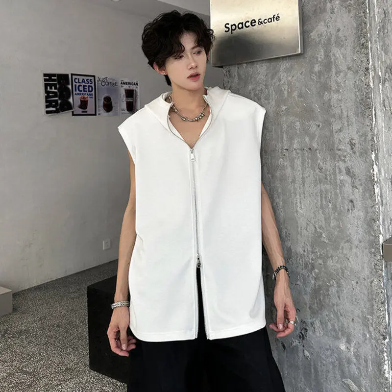 IEFB New Fashion Men's Tees Hooded Zipper Design Solid Color Casual Clothing Sleevless Shoulder Pads Loose Male Tank Tops 9W3717
