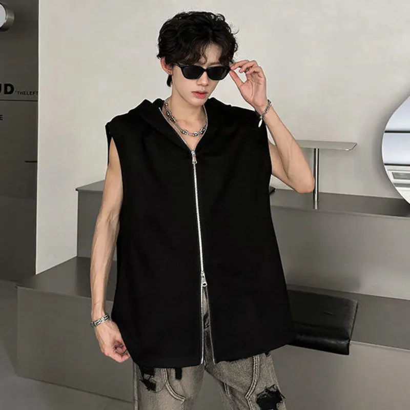 IEFB New Fashion Men's Tees Hooded Zipper Design Solid Color Casual Clothing Sleevless Shoulder Pads Loose Male Tank Tops 9W3717
