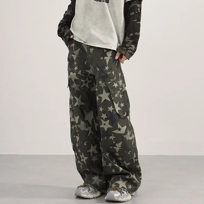 IEFB Niche Design Men's Casual Trousers Camouflage Star Printing Contrast Color Silhouette Side Pocket Male Cargo Pants 9W4168