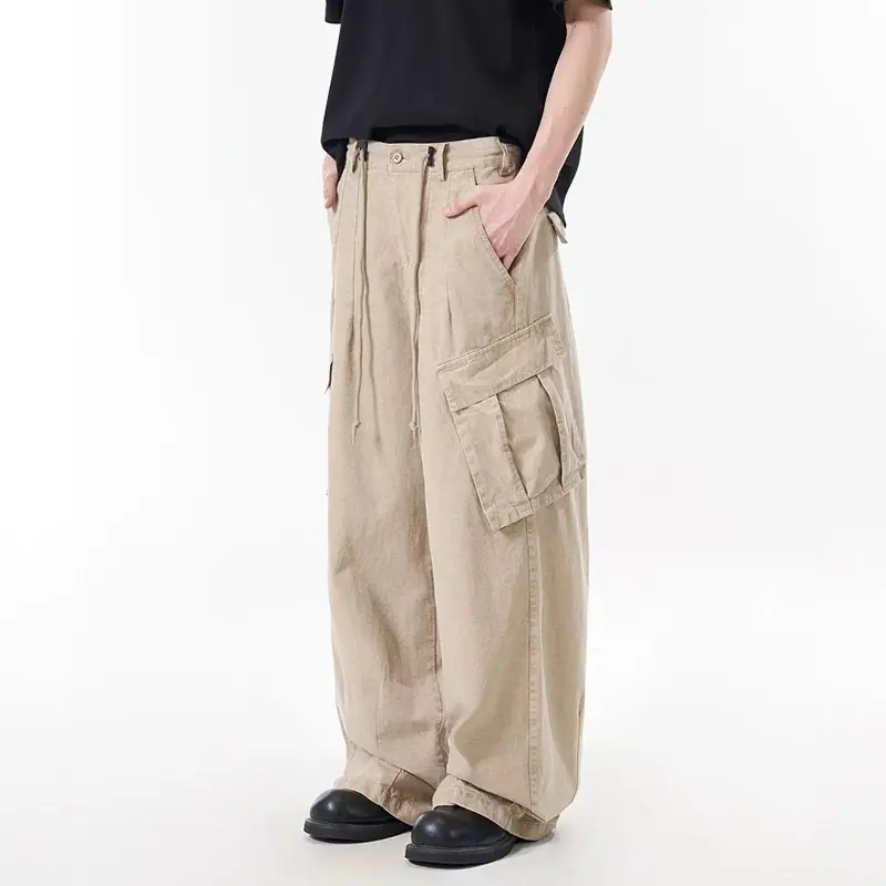 IEFB Multi Pockets Cargo Pants Men's American Solid Color Loose High Waist Drawstring Straight Pants Wide Leg Streetwear 9W4095