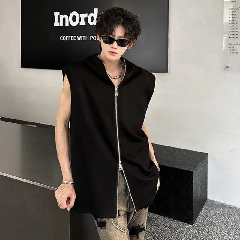 IEFB New Fashion Men's Tees Hooded Zipper Design Solid Color Casual Clothing Sleevless Shoulder Pads Loose Male Tank Tops 9W3717