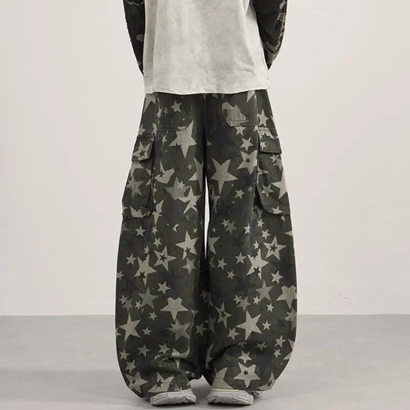 IEFB Niche Design Men's Casual Trousers Camouflage Star Printing Contrast Color Silhouette Side Pocket Male Cargo Pants 9W4168