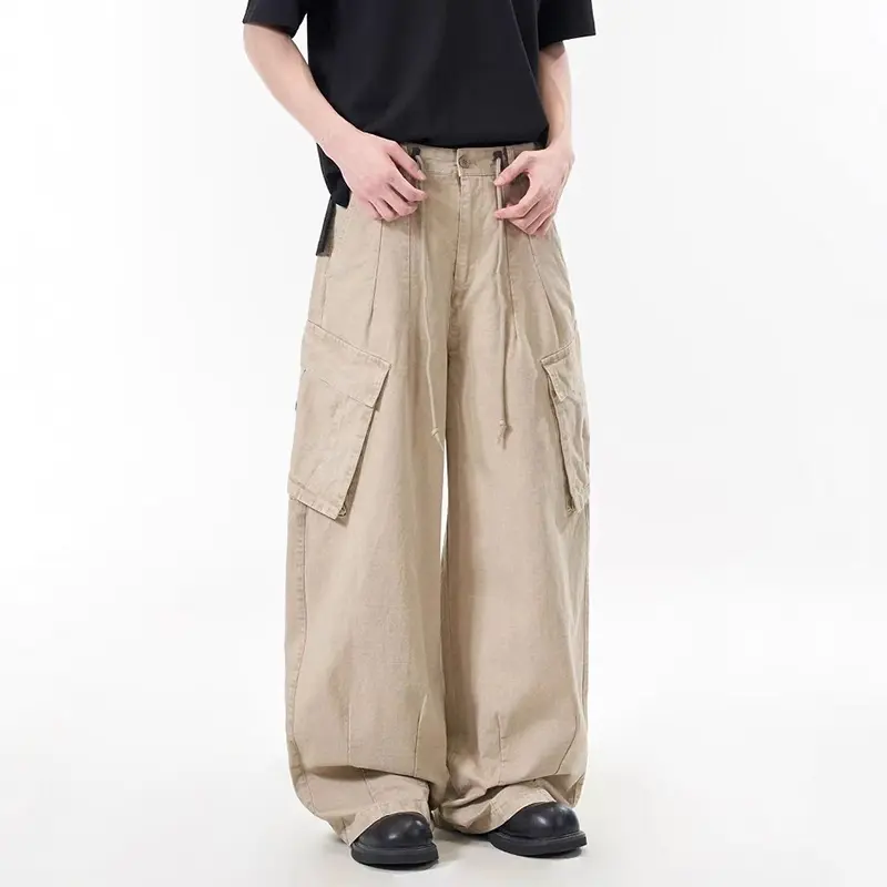 IEFB Multi Pockets Cargo Pants Men's American Solid Color Loose High Waist Drawstring Straight Pants Wide Leg Streetwear 9W4095