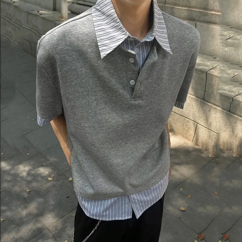IEFB Niche Design Men's Tees Fake Two-piece Lapel Contrast Color New Striped Patchwork Loose Short Sleeved Male T-shirts 9W3476