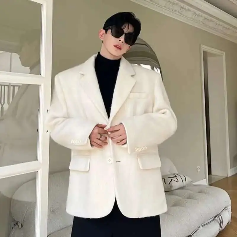 IEFB Korean Chic Men's Woolen Suit Jacket Fashion Lapel Single Breasted Male Blazer 2025 Autumn Casual Men Clothing White 9C2886