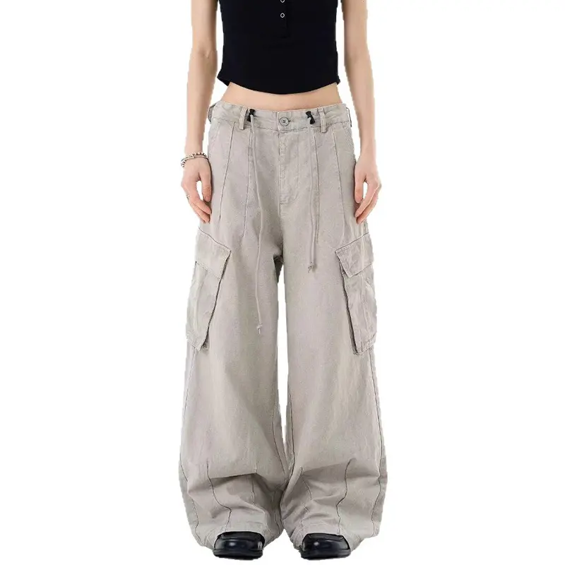 IEFB Multi Pockets Cargo Pants Men's American Solid Color Loose High Waist Drawstring Straight Pants Wide Leg Streetwear 9W4095