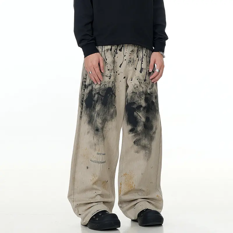 IEFB American High Street Ink-splashing Design Male Denim Pants Baggy Straight Loose Cleanfit Trendy New Chic Men Jeans 9W3548