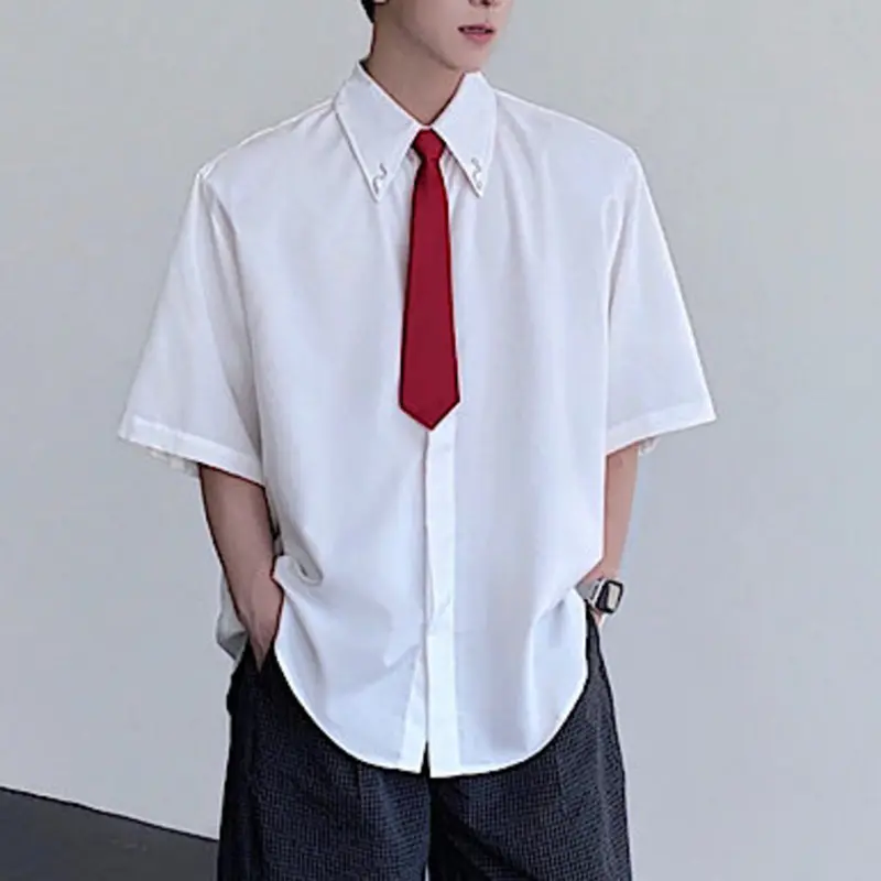 IEFB Niche Design Men's Shirts Lapel Tie Metal Decoration Short Sleeved Shoulder Padded Single Breasted Loose Male Tops 9W3918