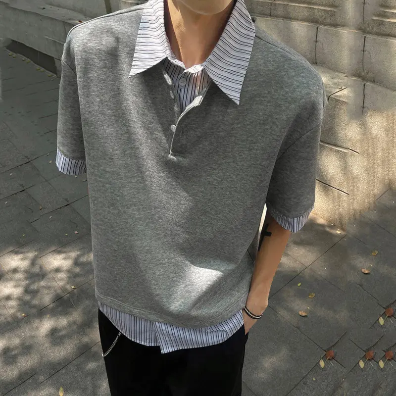 IEFB Niche Design Men's Tees Fake Two-piece Lapel Contrast Color New Striped Patchwork Loose Short Sleeved Male T-shirts 9W3476