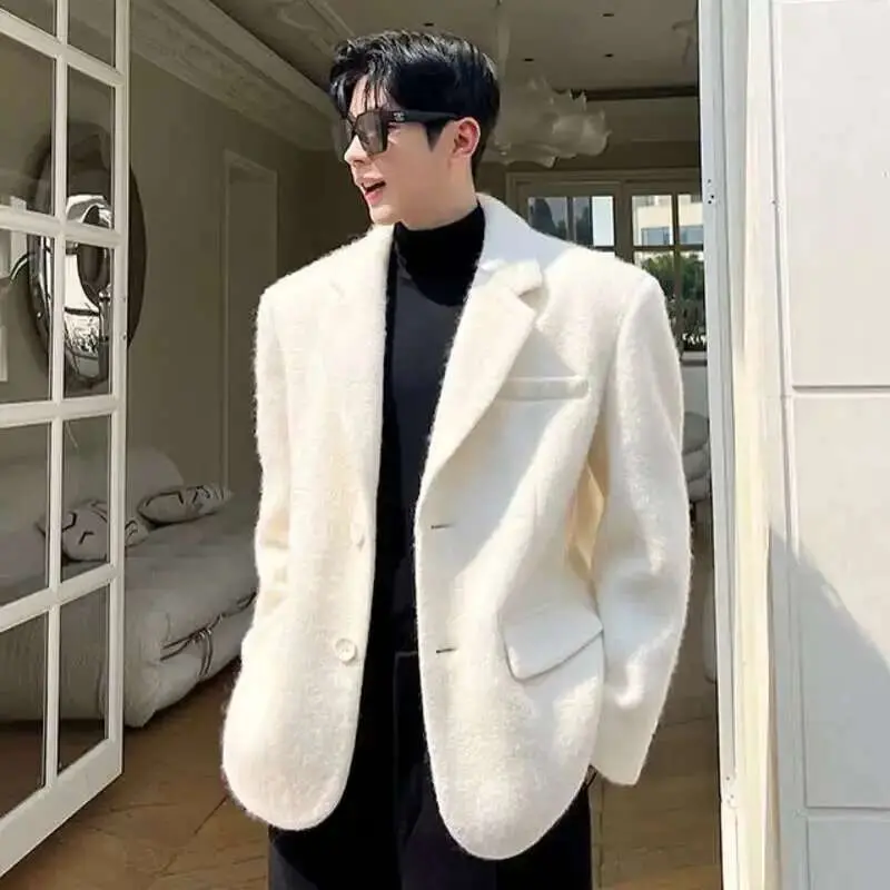 IEFB Korean Chic Men's Woolen Suit Jacket Fashion Lapel Single Breasted Male Blazer 2025 Autumn Casual Men Clothing White 9C2886