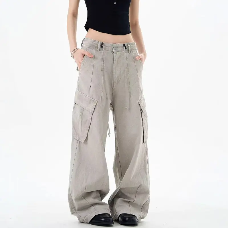 IEFB Multi Pockets Cargo Pants Men's American Solid Color Loose High Waist Drawstring Straight Pants Wide Leg Streetwear 9W4095