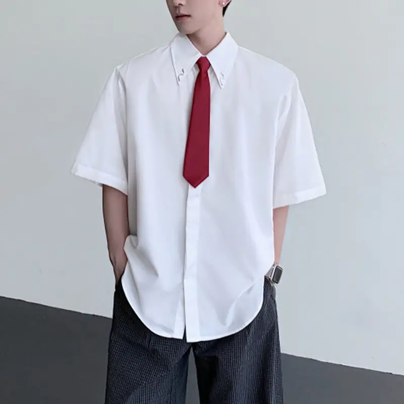 IEFB Niche Design Men's Shirts Lapel Tie Metal Decoration Short Sleeved Shoulder Padded Single Breasted Loose Male Tops 9W3918
