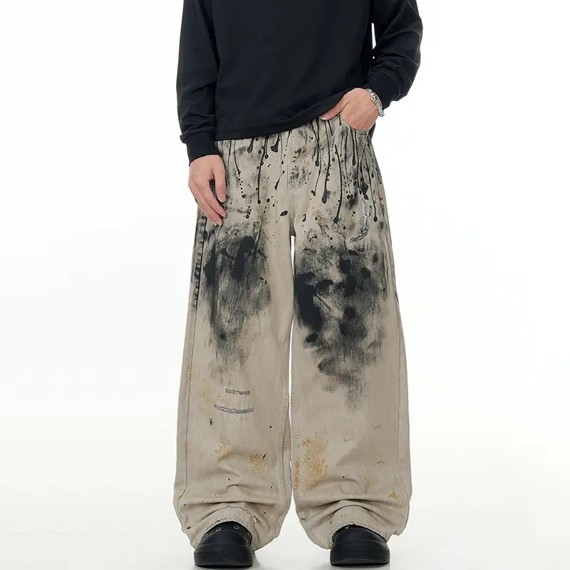 IEFB American High Street Ink-splashing Design Male Denim Pants Baggy Straight Loose Cleanfit Trendy New Chic Men Jeans 9W3548