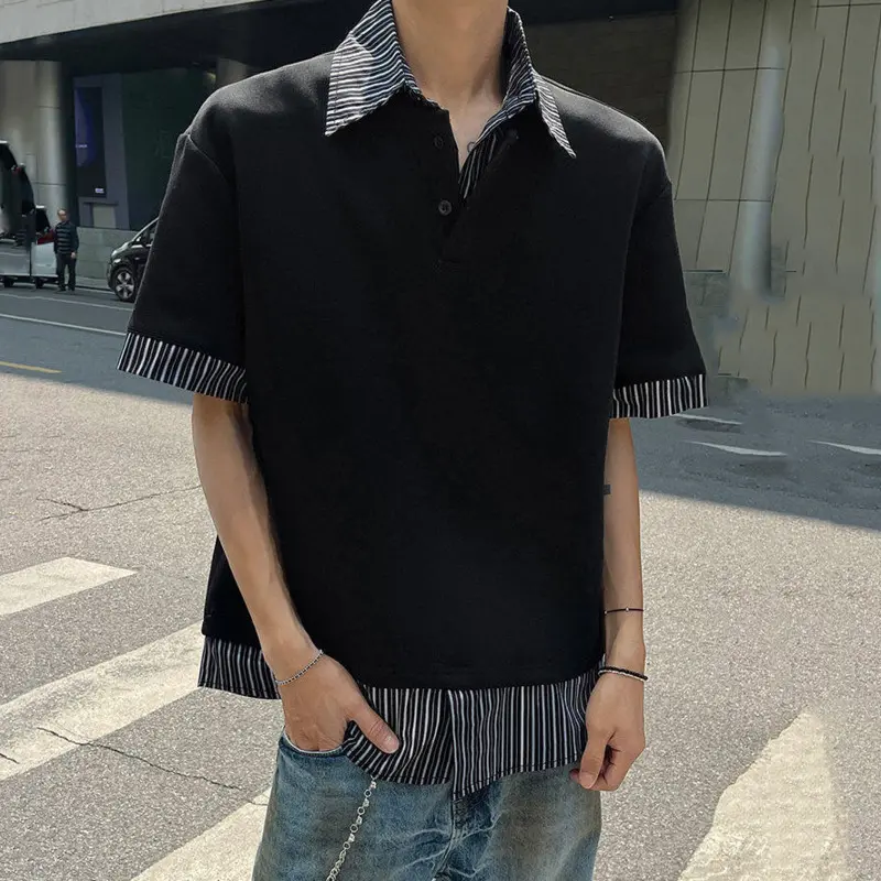 IEFB Niche Design Men's Tees Fake Two-piece Lapel Contrast Color New Striped Patchwork Loose Short Sleeved Male T-shirts 9W3476