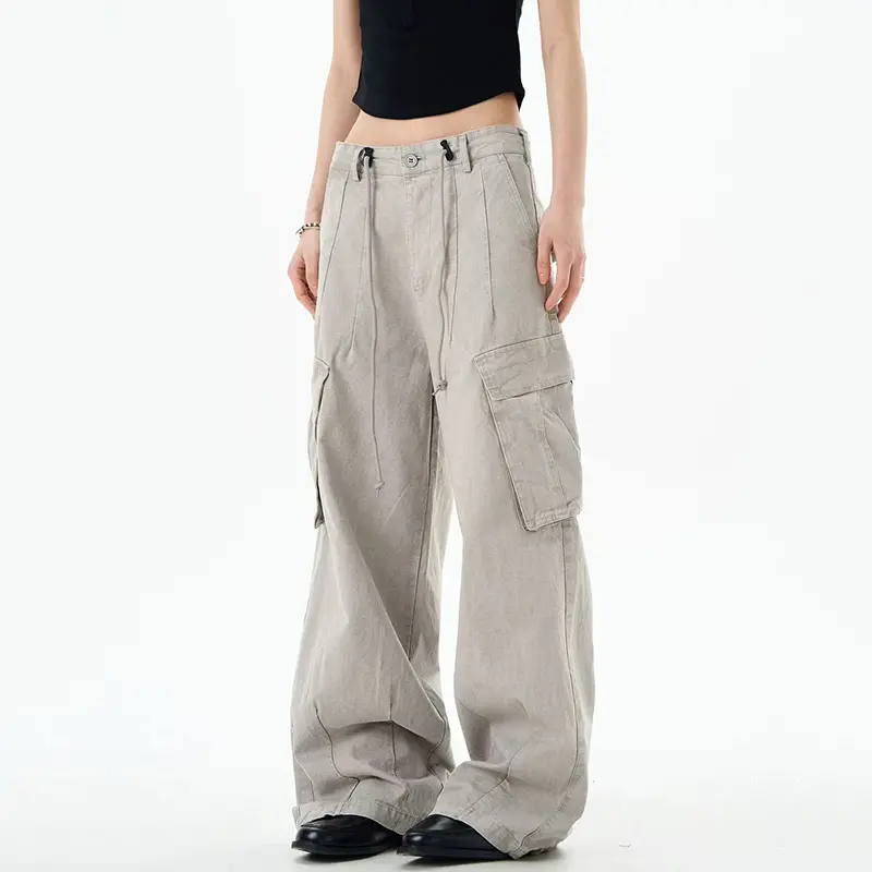 IEFB Multi Pockets Cargo Pants Men's American Solid Color Loose High Waist Drawstring Straight Pants Wide Leg Streetwear 9W4095