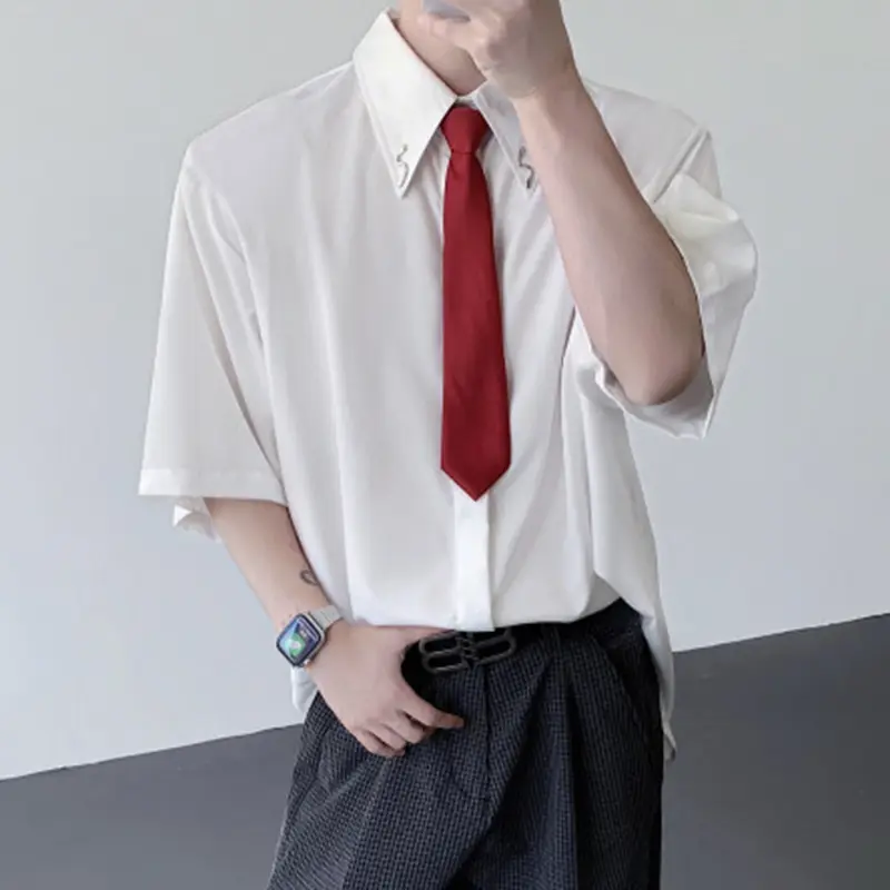 IEFB Niche Design Men's Shirts Lapel Tie Metal Decoration Short Sleeved Shoulder Padded Single Breasted Loose Male Tops 9W3918