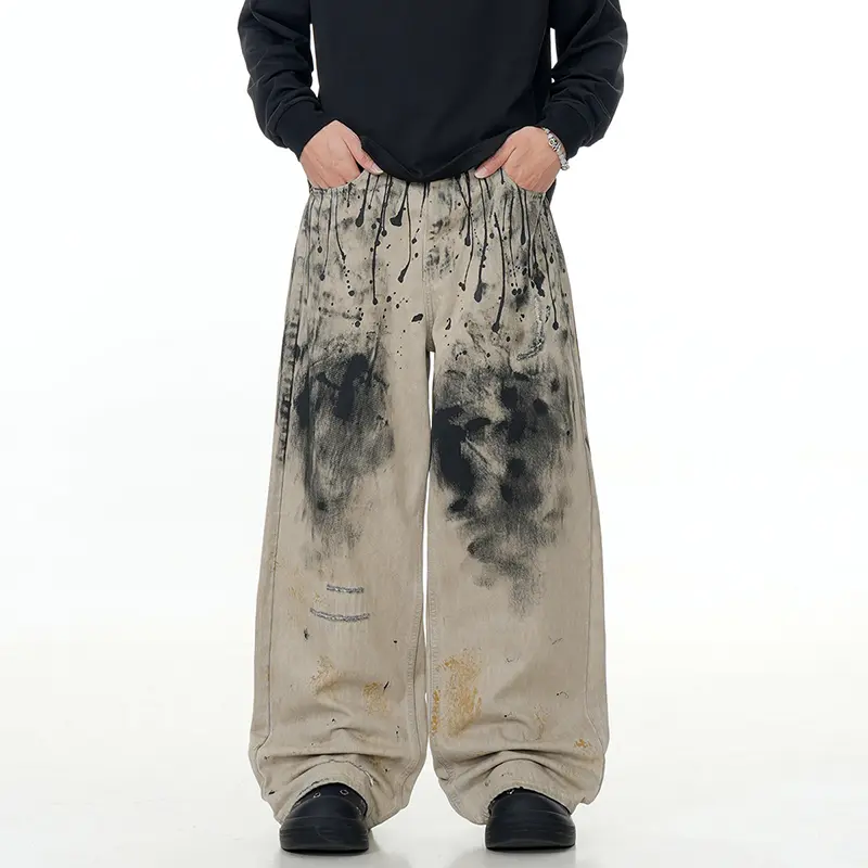 IEFB American High Street Ink-splashing Design Male Denim Pants Baggy Straight Loose Cleanfit Trendy New Chic Men Jeans 9W3548