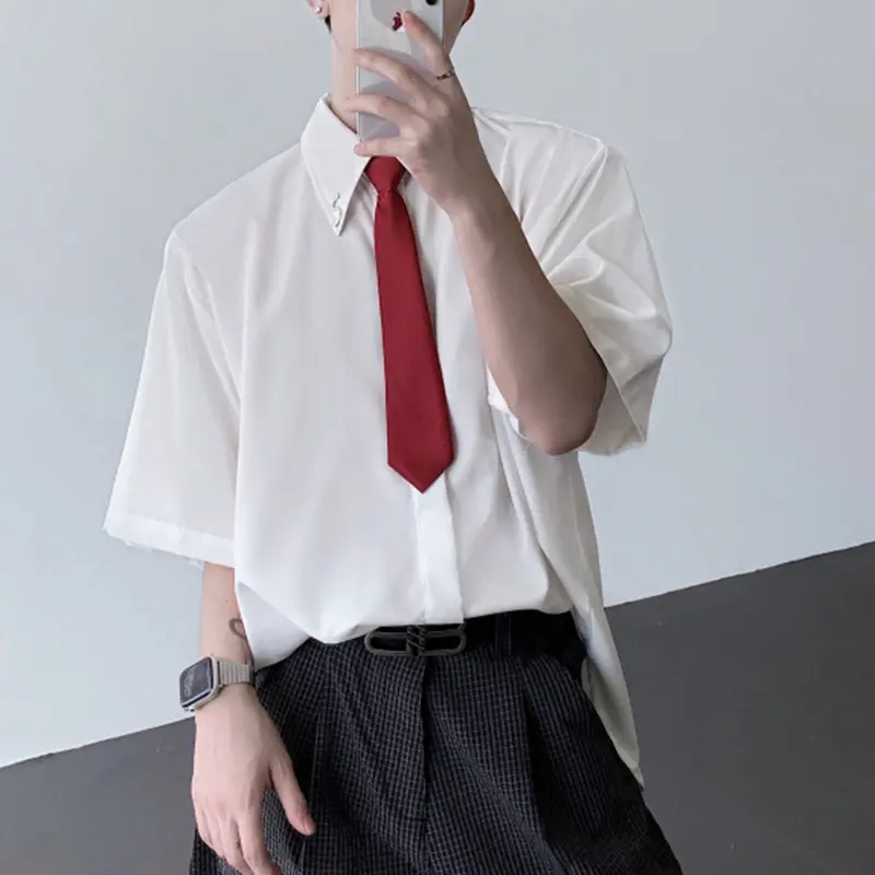 IEFB Niche Design Men's Shirts Lapel Tie Metal Decoration Short Sleeved Shoulder Padded Single Breasted Loose Male Tops 9W3918