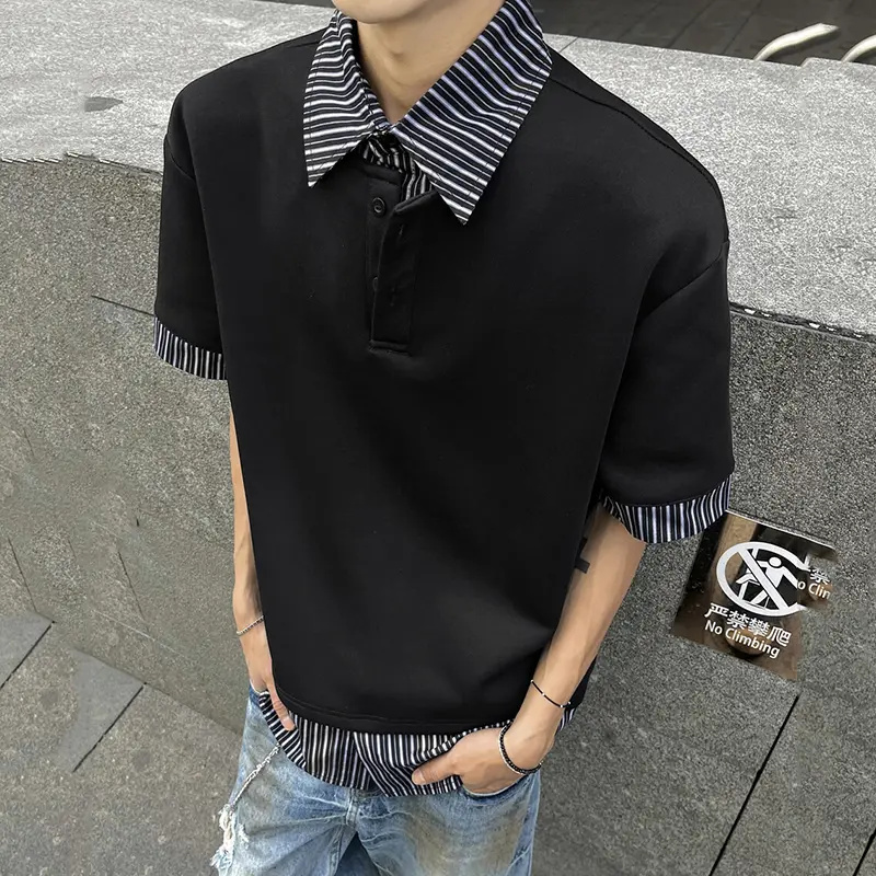 IEFB Niche Design Men's Tees Fake Two-piece Lapel Contrast Color New Striped Patchwork Loose Short Sleeved Male T-shirts 9W3476
