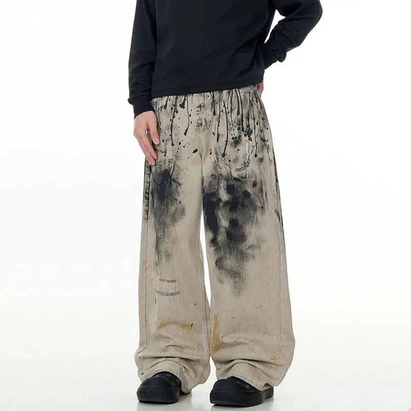 IEFB American High Street Ink-splashing Design Male Denim Pants Baggy Straight Loose Cleanfit Trendy New Chic Men Jeans 9W3548
