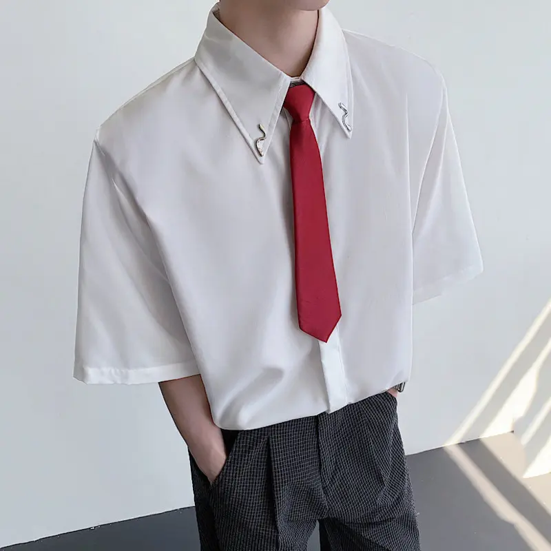 IEFB Niche Design Men's Shirts Lapel Tie Metal Decoration Short Sleeved Shoulder Padded Single Breasted Loose Male Tops 9W3918