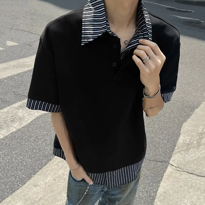 IEFB Niche Design Men's Tees Fake Two-piece Lapel Contrast Color New Striped Patchwork Loose Short Sleeved Male T-shirts 9W3476