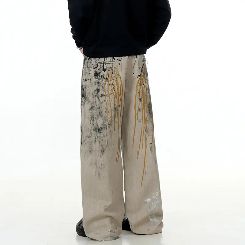IEFB American High Street Ink-splashing Design Male Denim Pants Baggy Straight Loose Cleanfit Trendy New Chic Men Jeans 9W3548