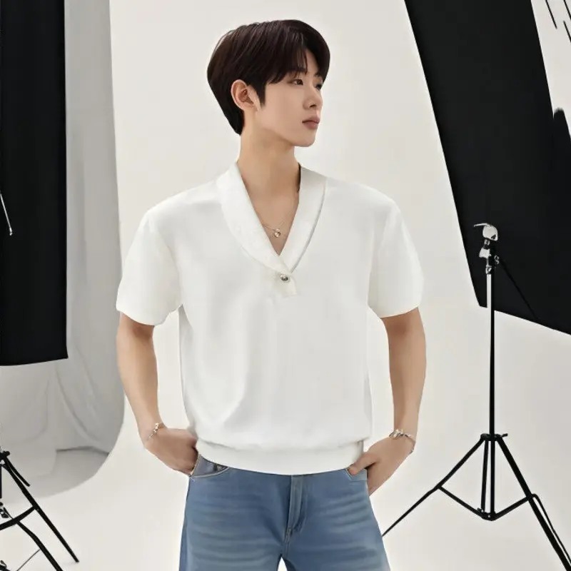 IEFB Solid Color Men's T-shirts Summer V-neck Metal Short Sleeve Casual Tees Korean Style Pullover Male Loose Tops Simple 9W3520