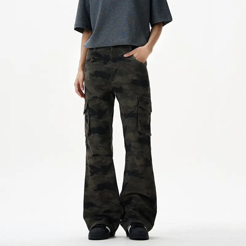 IEFB American Streetwear Camouflage Print Cargo Pants Men Trendy Multi Pocket Stretch Micro Boot Cut Overalls New Fashion 9W2859