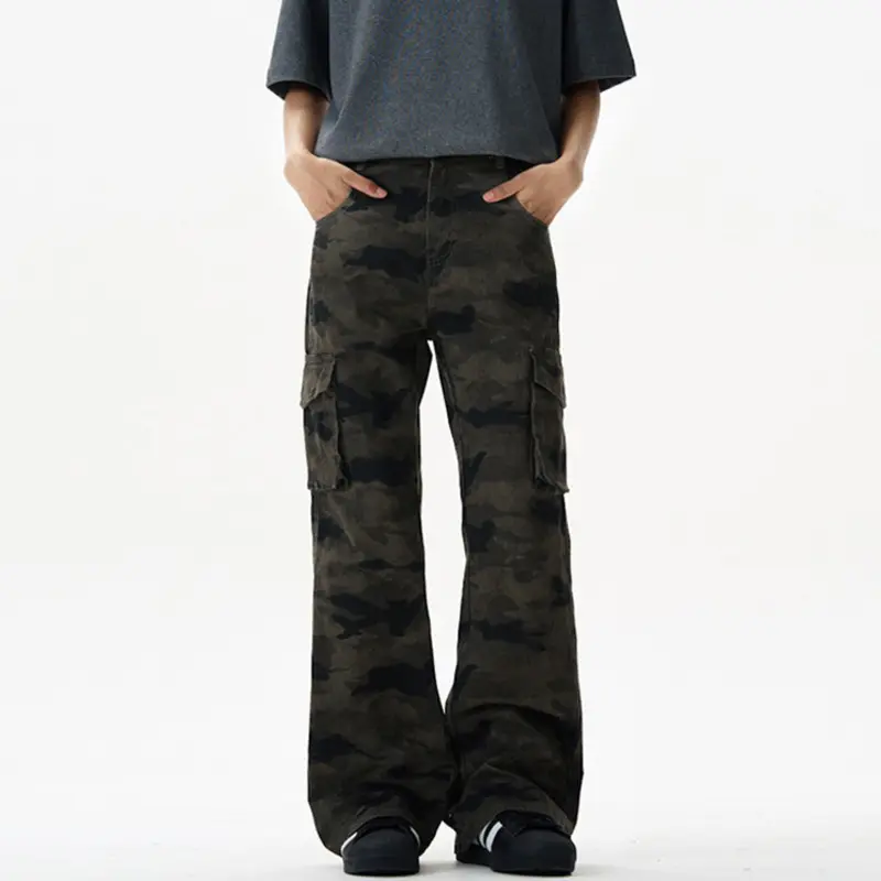 IEFB American Streetwear Camouflage Print Cargo Pants Men Trendy Multi Pocket Stretch Micro Boot Cut Overalls New Fashion 9W2859