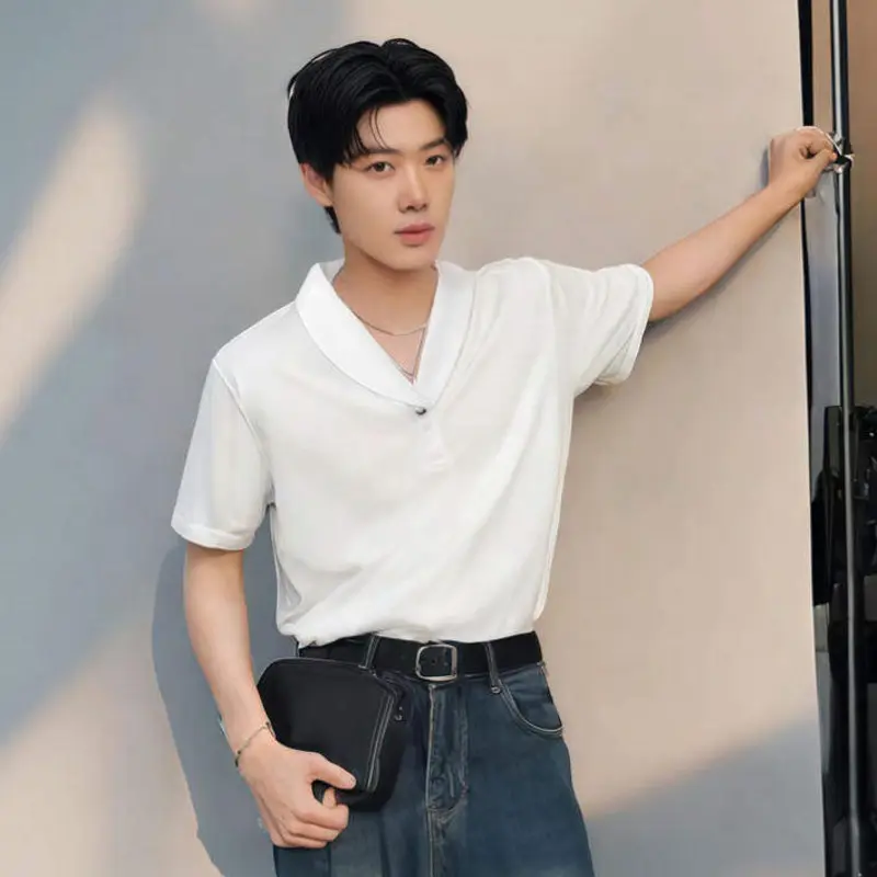 IEFB Solid Color Men's T-shirts Summer V-neck Metal Short Sleeve Casual Tees Korean Style Pullover Male Loose Tops Simple 9W3520