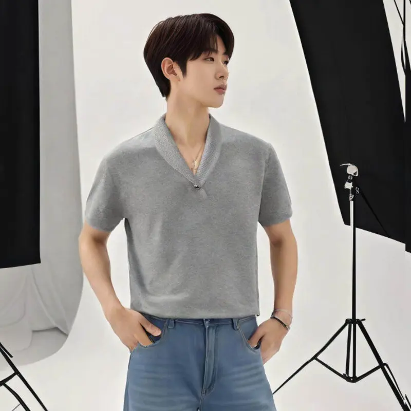 IEFB Solid Color Men's T-shirts Summer V-neck Metal Short Sleeve Casual Tees Korean Style Pullover Male Loose Tops Simple 9W3520