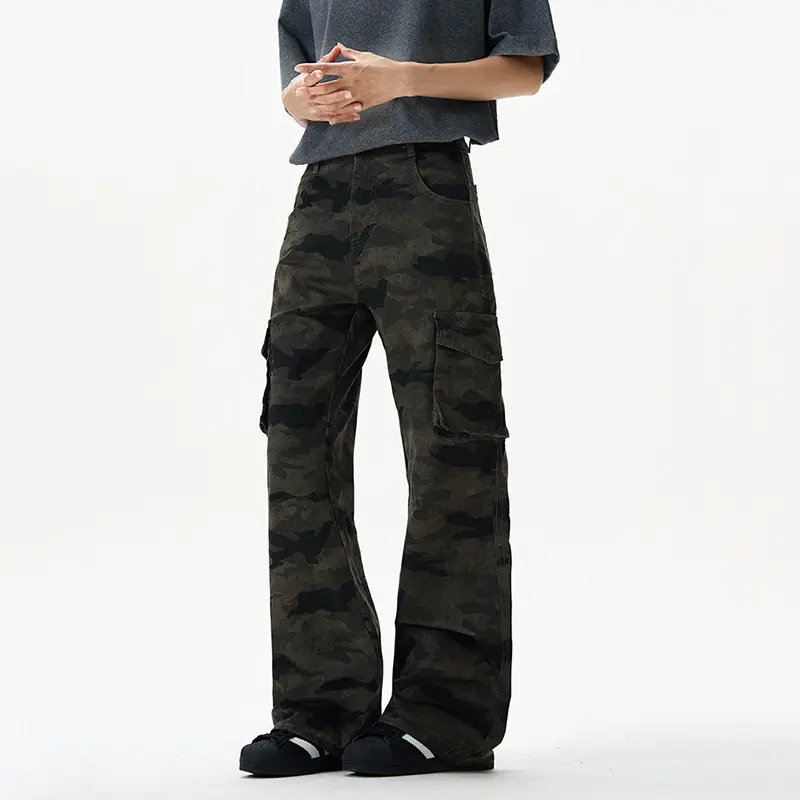 IEFB American Streetwear Camouflage Print Cargo Pants Men Trendy Multi Pocket Stretch Micro Boot Cut Overalls New Fashion 9W2859