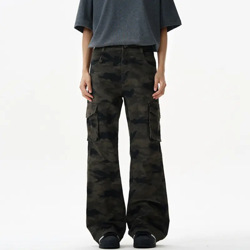 IEFB American Streetwear Camouflage Print Cargo Pants Men Trendy Multi Pocket Stretch Micro Boot Cut Overalls New Fashion 9W2859