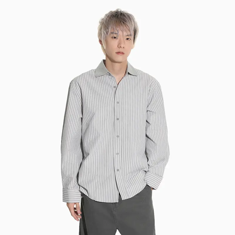 IEFB Niche Design Men Shirt Turn-down Collar Striped Contrast Color Patchwork Long Sleeve Single Breasted Loose Male Top 9W4285